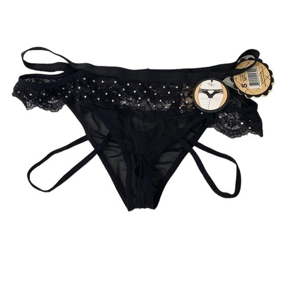 Honeydew Intimates Peek-A-Dew Lucy Hipster Black Lace Mesh Thong Strappy Panty - Picture 2 of 12